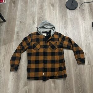 Weatherproof Black and Brown Plaid Jacket with Gray Hood